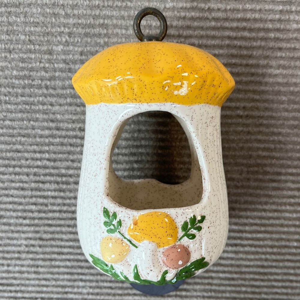 Ceramic Mushroom Birdhouse Hanging Planter Yellow Speckled Cottagecore Retro
